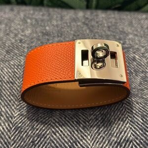 Hermes Orange Leather Kelly Chien Lock Bracelet
